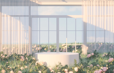 Poster - Natural beauty podium backdrop with spring rose flowers scene. 3d rendering.