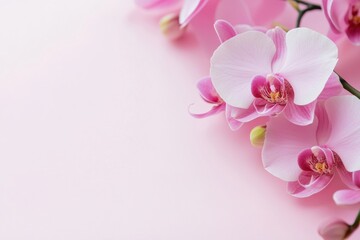Poster - Beautiful pink orchids on soft pink background with empty space for text and branding. Generative AI