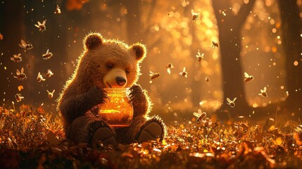 Poster - Bear enjoying honey from a jar while bees buzz around in a tranquil forest setting captured in a whimsical nature scene