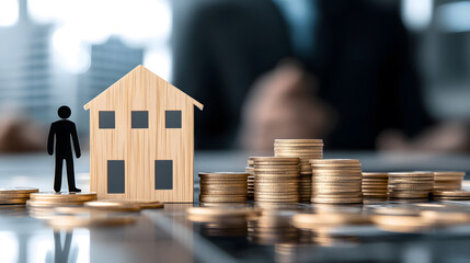Aufkleber - A miniature house and a figure stand next to stacks of coins, symbolizing real estate investment and financial growth