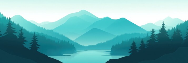 Poster - Beautiful tranquil landscape with mountains, trees, and a serene river surrounded by misty hills during a calm morning. Generative AI