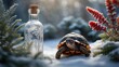 © Tina - A turtle in a snowy landscape beside an ornate glass bottle and vibrant red plants.