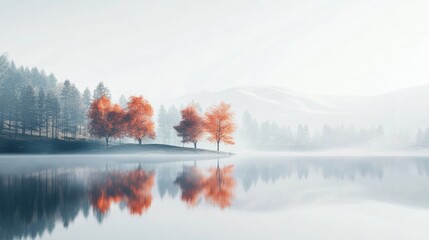Poster - Tranquil morning at a serene lake with colorful autumn trees and misty mountains reflecting on the water surface. Generative AI