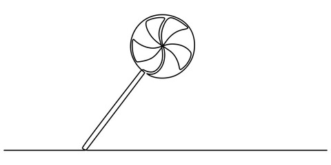 Aufkleber -  lollipop sticks vector one line continuous drawing illustration. Hand drawn linear silhouette icon. Minimal outline design element for print, banner, card, wall art poster, candy.