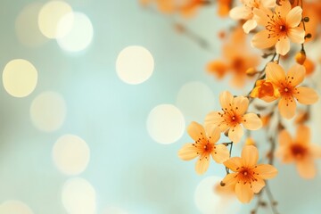 Poster - Soft peach blossoms against a blurred bokeh background create a serene atmosphere perfect for text or messages. Generative AI