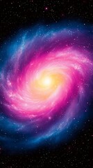Wall Mural - A breathtaking galaxy with swirling shades of purple blue and gold centered around a radiant starburst framed by glowing cosmic dust for an elegant cosmic theme 