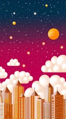 Wall Mural - A futuristic cosmic city glowing with elegant gold and silver lights surrounded by floating planets and ethereal nebula clouds for a celestial urban theme 