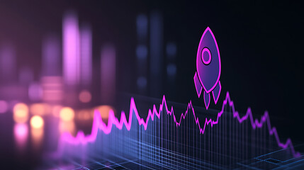 Wall Mural - Purple illuminated graph and rocket on a dark backdrop for a business growth theme