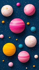 Wall Mural - A stunning cosmic scene with planets made of marble like textures orbiting amidst glowing nebulas and fine streaks of gold for an elegant celestial theme 