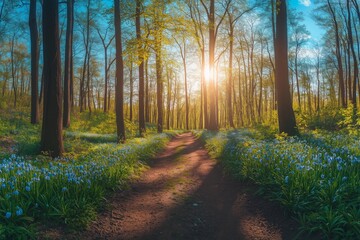 Springtime bloom of scilla in a sunlit forest park during April morning