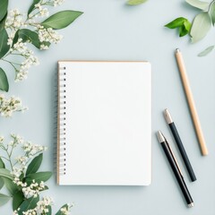 Aufkleber - Blank notebook with pens and greenery arranged on a light background for creative ideas and writing. Generative AI