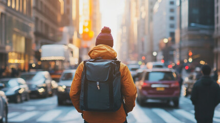 Urban traveler with backpack navigates busy city street during sunset