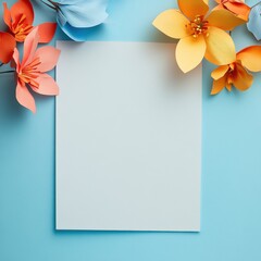 Leinwandbilder - Soft blue background with blank space for text and vibrant flowers on the sides for creative designs. Generative AI