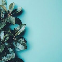 Leinwandbilder - Leafy greenery against a vibrant teal backdrop creating a serene atmosphere for text placement in a modern setting. Generative AI