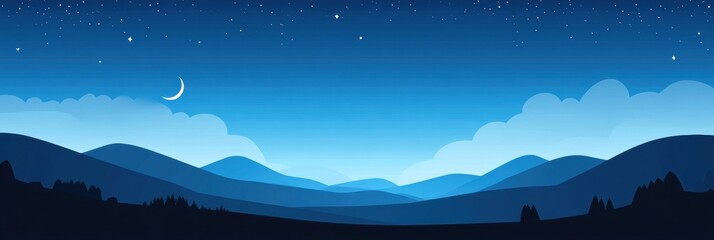 Leinwandbilder - Serene night sky over gentle hills with stars and a crescent moon in the tranquil evening. Generative AI