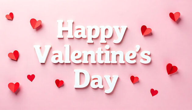 Happy Valentine's Day Design: Pink Background with White Text and Red Hearts