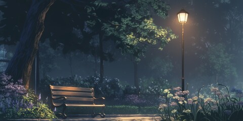 Sticker - Misty Park Bench at Night . Anime style