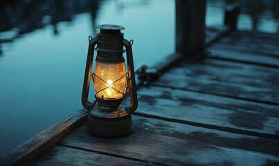 Wall Mural - Burning lantern sits on wooden dock, near water.