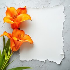 Poster - Elegant orange lilies beside blank paper on textured background create a perfect space for creative text and designs. Generative AI