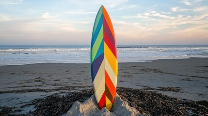 Canvas Print - Colorful surfboard standing on sandy beach at sunset.