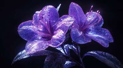 Wall Mural - Two vibrant purple flowers with water droplets, dark background.