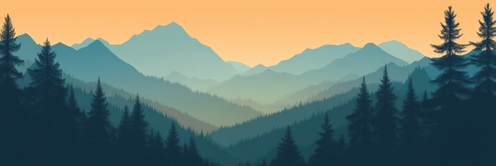 Leinwandbilder - Mountain landscape view with trees, soft tones and suitable space for adding text or messages during sunrise or sunset. Generative AI