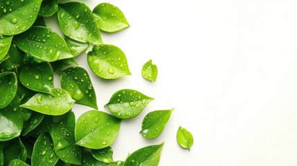 Leinwandbilder - Fresh green leaves with water droplets creating a vibrant natural backdrop for text placement in a design context. Generative AI