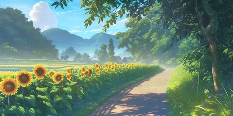 Sticker - Sunflowers Field and Country Road Scenic View . Anime style