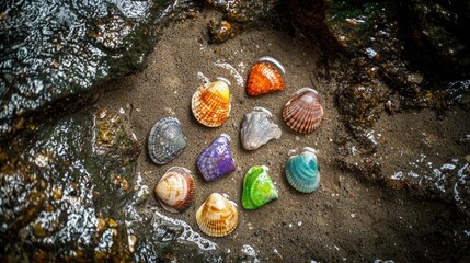 Canvas Print - Colorful seashells arranged on wet sand near rocks.