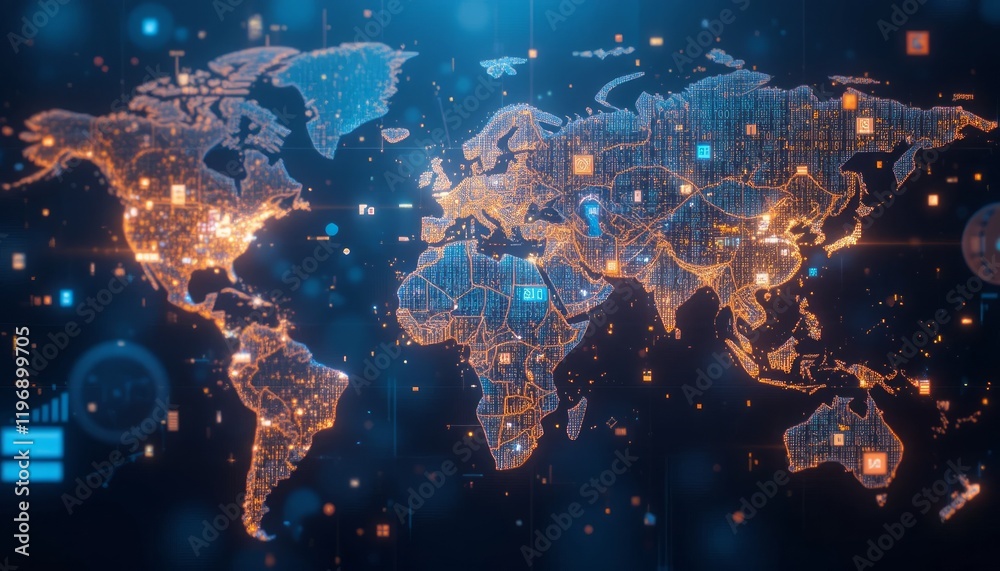 Global Network Digital World Map Illuminated by Data Streams and ...