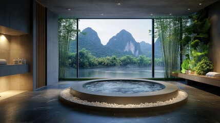 Wall Mural - Indoor hot tub with nature view, plants and towels, for relaxation