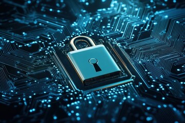 Poster - Digital lock secured on circuit board representing cybersecurity in technology