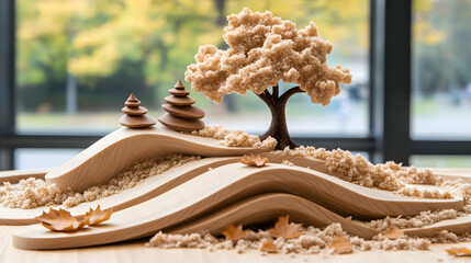 Poster - A serene landscape featuring a wooden tree, miniature pagodas, and flowing contours, capturing tranquility and harmony in a natural setting
