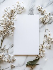 Fototapete - Versatile mockup space with blank sheet surrounded by delicate white flowers on a marble surface. Generative AI