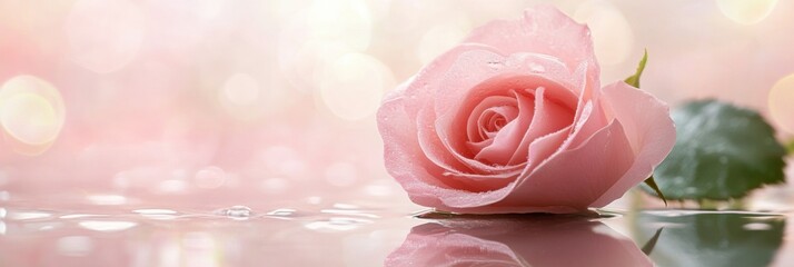 Poster - Delicate pink rose resting on a reflective surface with soft bokeh background for text placement. Generative AI