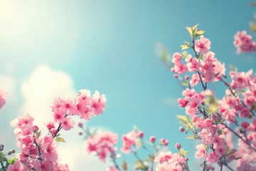 Poster - Bright cherry blossom flowers blooming against a clear blue sky with white clouds for text placement. Generative AI