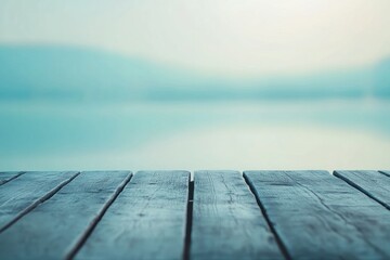 Poster - Calm wooden deck overlooking a serene body of water in soft morning light offering ample copy space for text. Generative AI