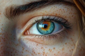 Wall Mural - A close up view of a person's eye with noticeable freckles, ideal for use in portraits or as a detail shot