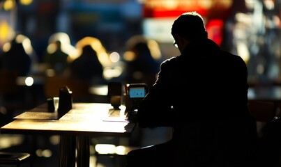 Canvas Print - Silhouette person using device, outdoor cafe setting.