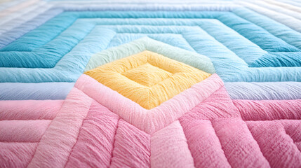 Poster - A vibrant quilt featuring geometric patterns in pastel shades of blue, yellow, and pink, creating a cozy and artistic textile design