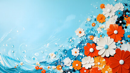 Poster - A vibrant blue background adorned with colorful flowers, creating a lively, artistic wave of nature-inspired design