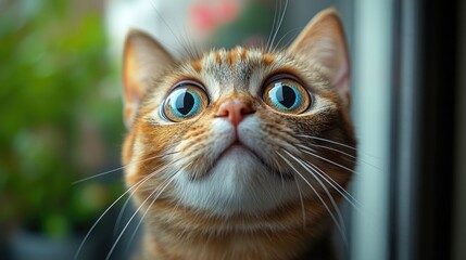 Wall Mural - A close-up view of a curious cat looking upwards