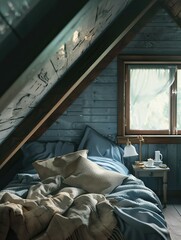 Wall Mural - Bedroom with a blue wall and a wooden floor. The bed is covered with a blue comforter and a white pillow. A lamp is on a nightstand next to the bed