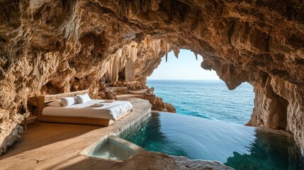 Wall Mural - Bed in cave opens to ocean view, with pool; for travel and lifestyle magazines