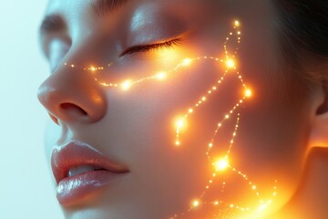 Poster - Woman's face illuminated with glowing lines and soft lighting in an artistic setting