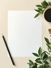 Poster - Creative workspace featuring blank paper, pencil, and greenery inviting inspiration for design or writing. Generative AI