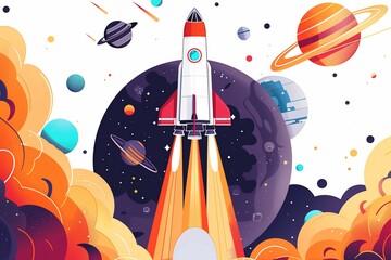 Wall Mural - rocket launches into space amidst colorful planets and cosmic clouds