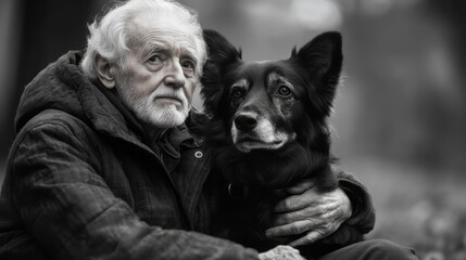 Wall Mural - An emotional black-and-white portrait of an elderly man sitting on the ground, hugging his loyal dog tightly, showcasing a powerful bond of love and trust between them,