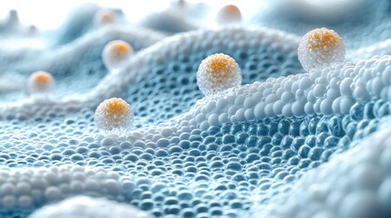 Poster - Water Droplets on the Surface of Skin with Small Spheres, Depicting Hydration and Texture in a Visual Representation of Skin Care
