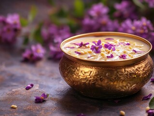 Sticker - Bowl of food with purple flowers on top. The bowl is gold and has a floral design